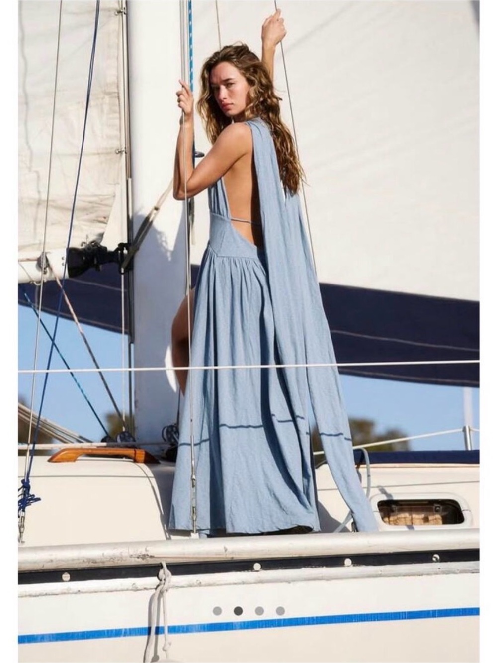 Free People Blue Selena Halter Maxi Dress Grecian Beachy Boho Festival Nautical